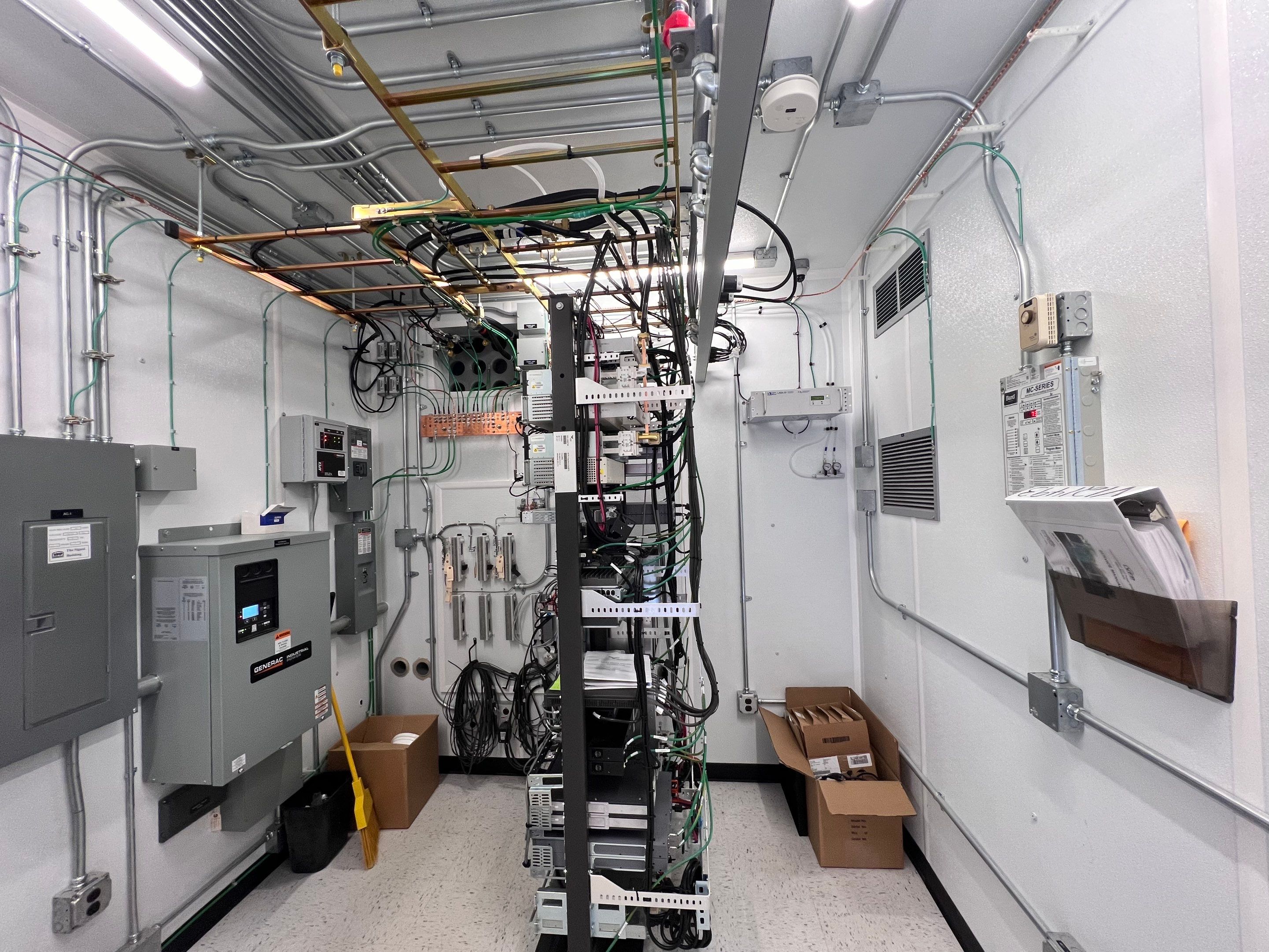 the wires and circuitry of a radio tower on the inside